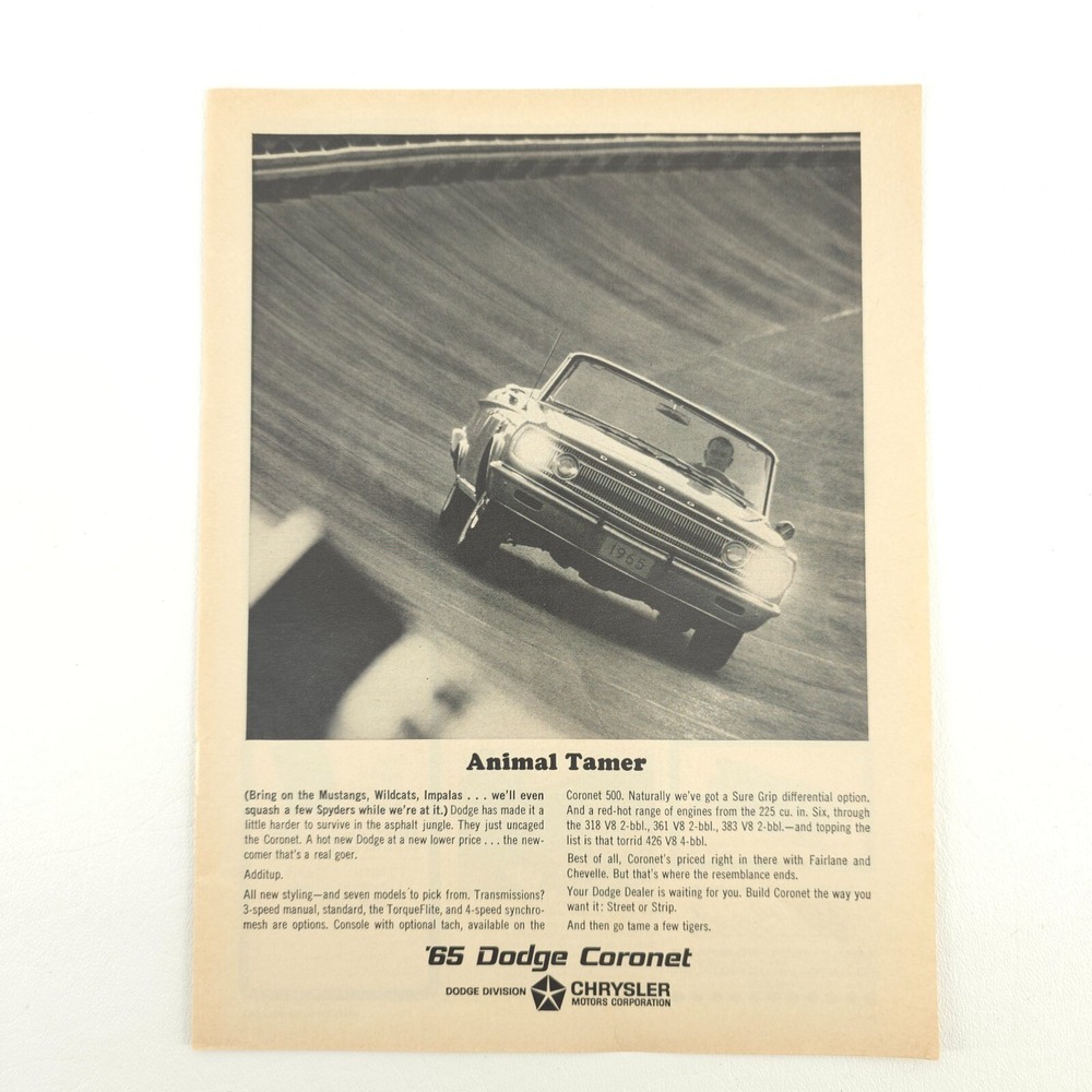 DODGE Print Ad 1965 Coronet Convertible Promo Art Upcycled Decor Vintage Car